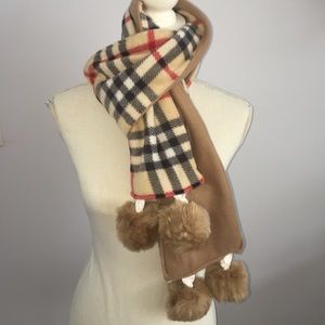 London Plaid Camel Fleece Pompom Scarf clearance